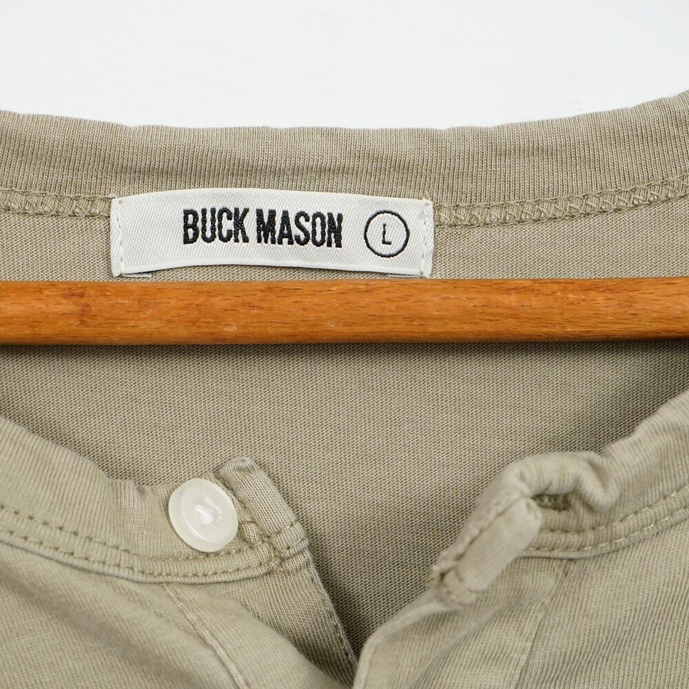 Buck Mason Men's Long Sleeve Henley Shirt Beige Cotton Size L Curved Hem - Picture 2 of 8